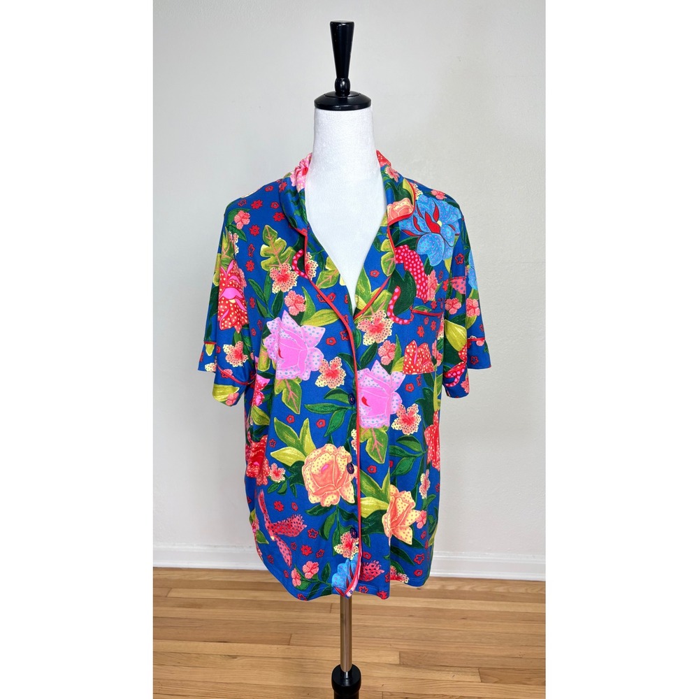 Room Service Tropical Floral Button Up Pajama Top Women Size XL Bohemian Comfy